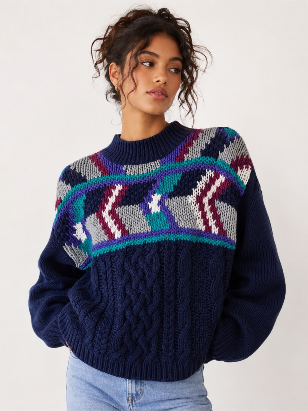 Vintage DEB Hand Knit Sweater Navy Geometric Pattern Cable Knit 80s 90s Medium